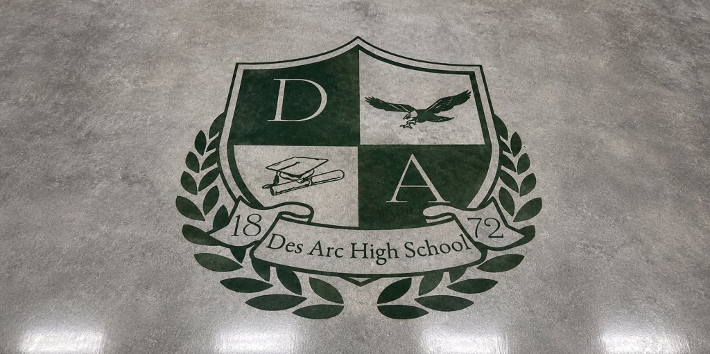 The Des Arc High School's emblem inlay on polished concrete. Photo: Superintendent Marc Sherrell