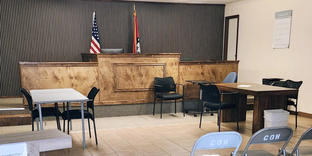 The courtroom of Prairie County District Court Judge Eric Kennedy after the security upgrade was completed.